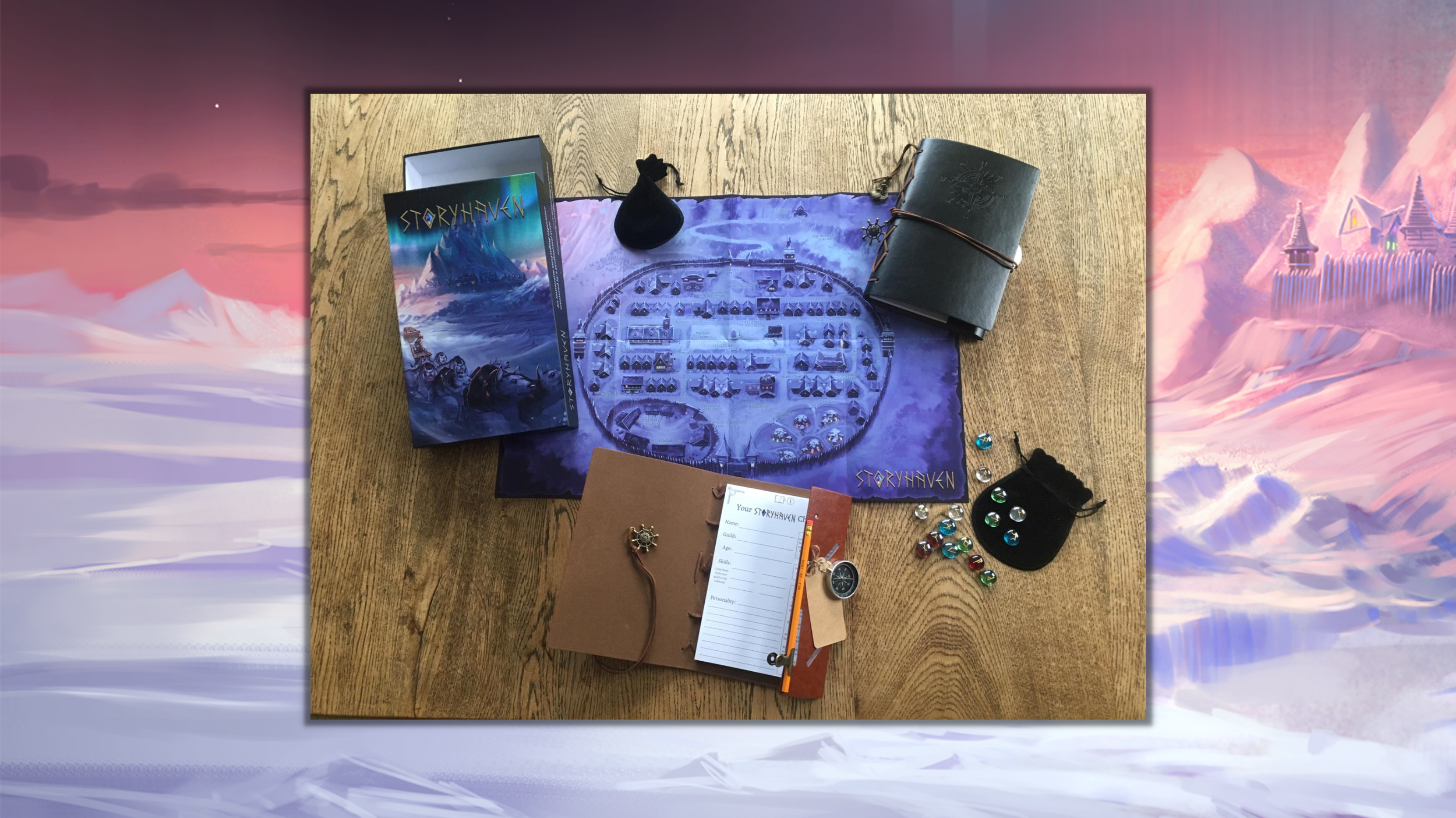 Storyhaven boxed game materials, journals, map and crystal runes