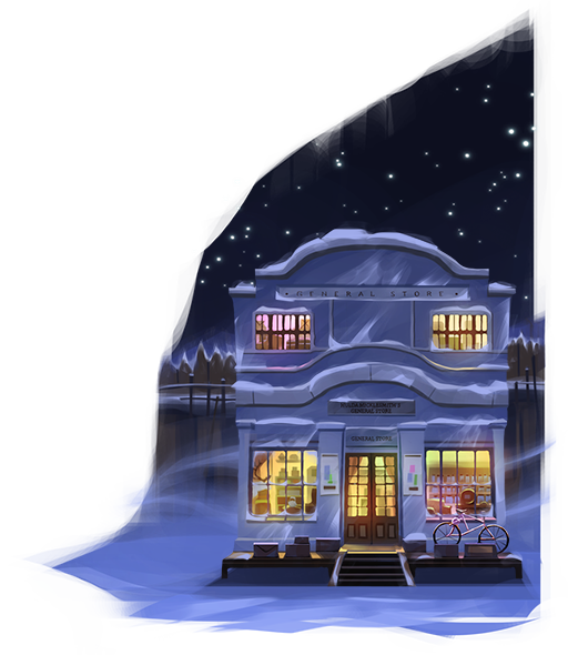 Storyhaven general store in the snow