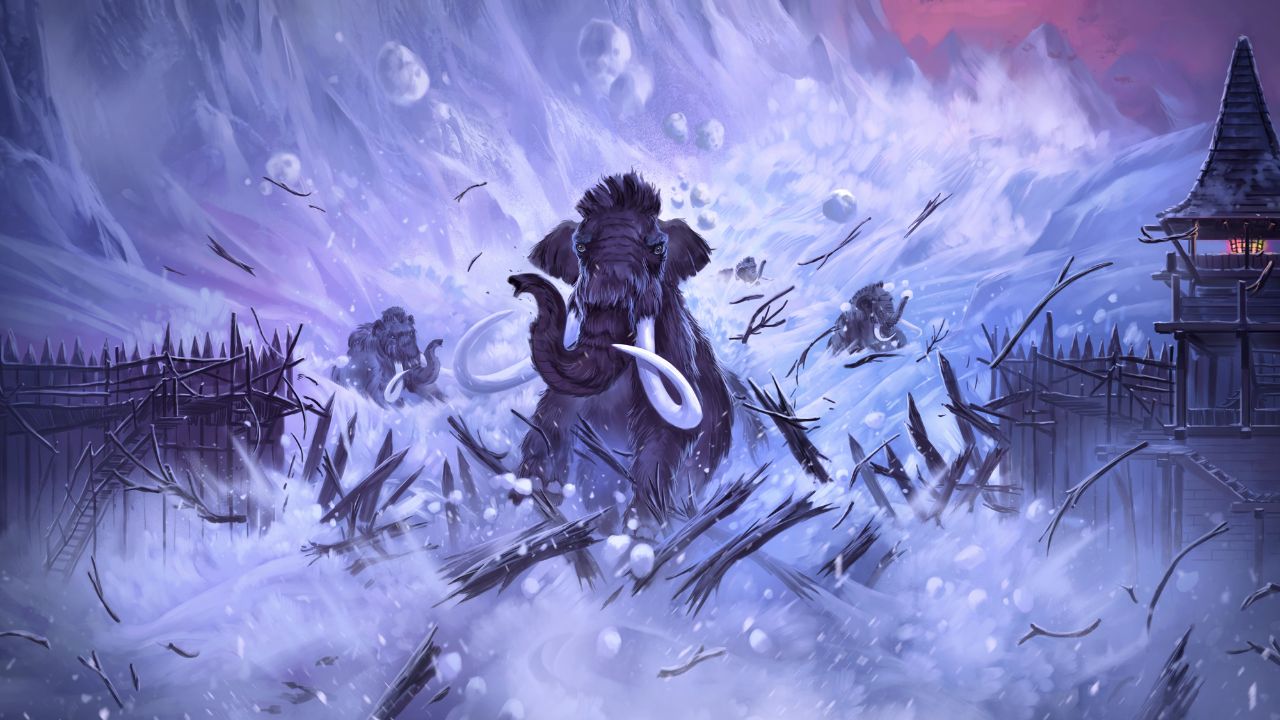 Mammoths charging through a snowy Storyhaven landscape